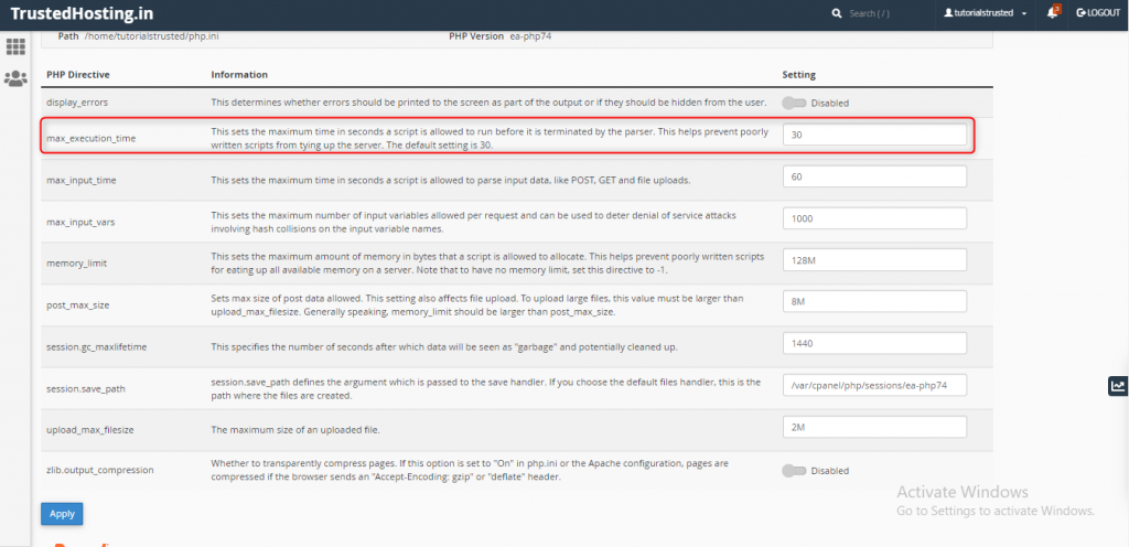 How to increase max_execution_time in Cpanel
