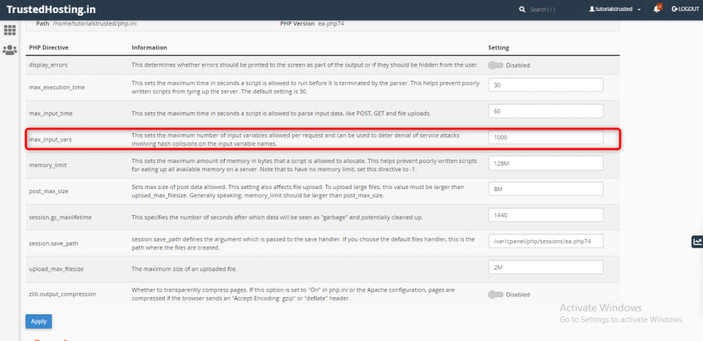 How to increase max input vars in cpanel