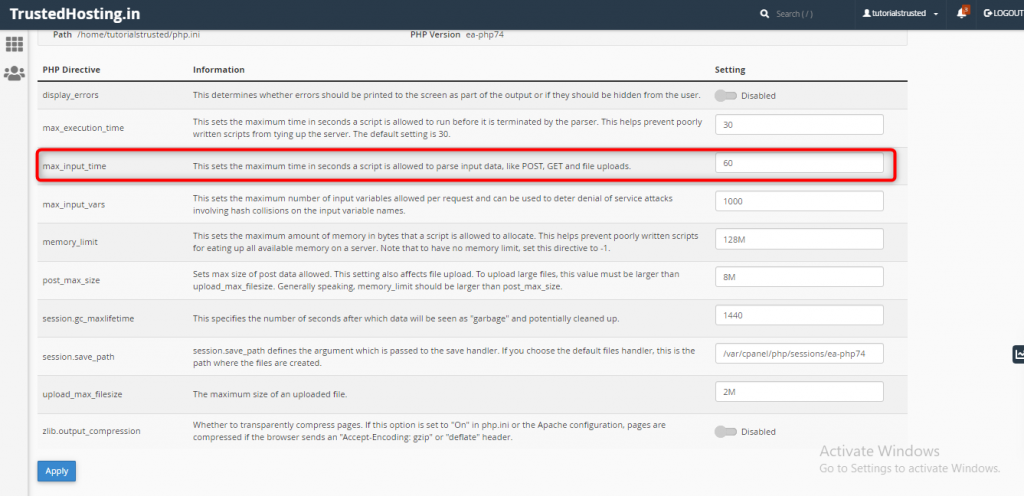 How to increase max input time in cpanel